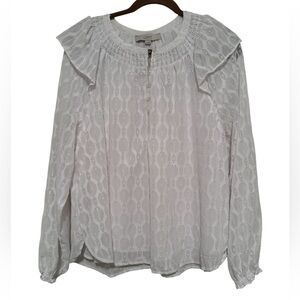 Loft XL White Metallic Peasant Victorian Cottagecore Blouse Long Sleeve Ruffle